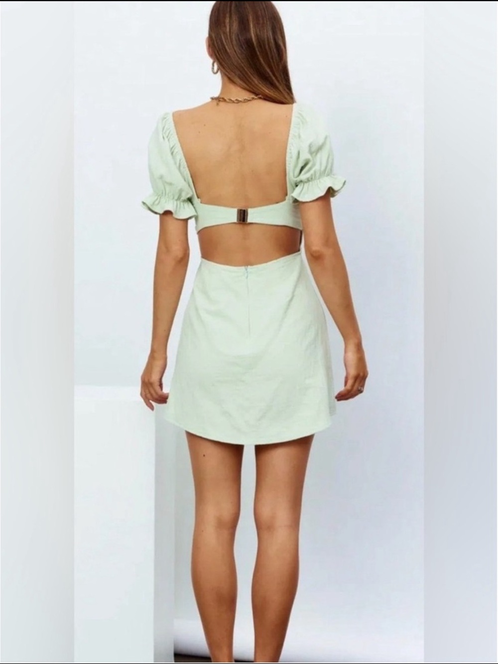 American Threads Norma Jean Mint Square-Neck Whimsical Puff Sleeve Mini Dress-S - Picture 3 of 11